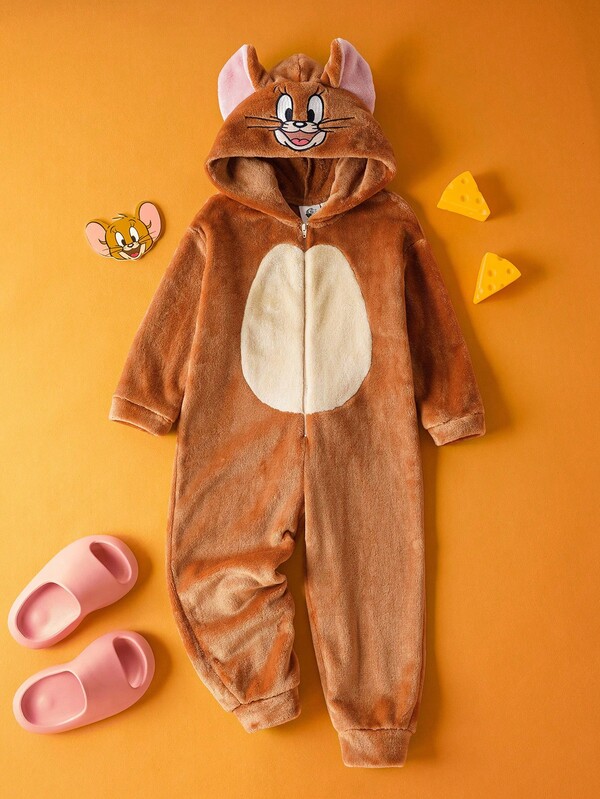 TOM & JERRY X SHEIN Disfraz de juego de roles con capucha de orejas tridimensionales bordadas con el patrón del ratoncito Jerry lindo y marrón, adecuado para otoño, invierno, Halloween y fiestas, para niños pequeños
