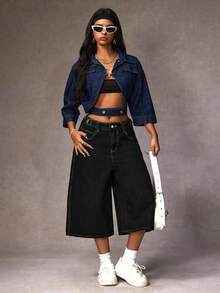 SHEIN EZwear 大码女式口袋宽松阔腿休闲百搭七分牛仔裤 - 黑色 - 查看 5