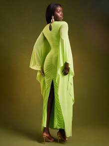 NYA SZN 连衣裙长袖蝙蝠袖褶饰镂空细节修身特殊场合活动婚礼宾客新娘派对毕业典礼日期端庄优雅伊比沙岛正式网眼长裙霓虹绿假日万圣节秋冬女士服装 - 綠色 - 查看 2