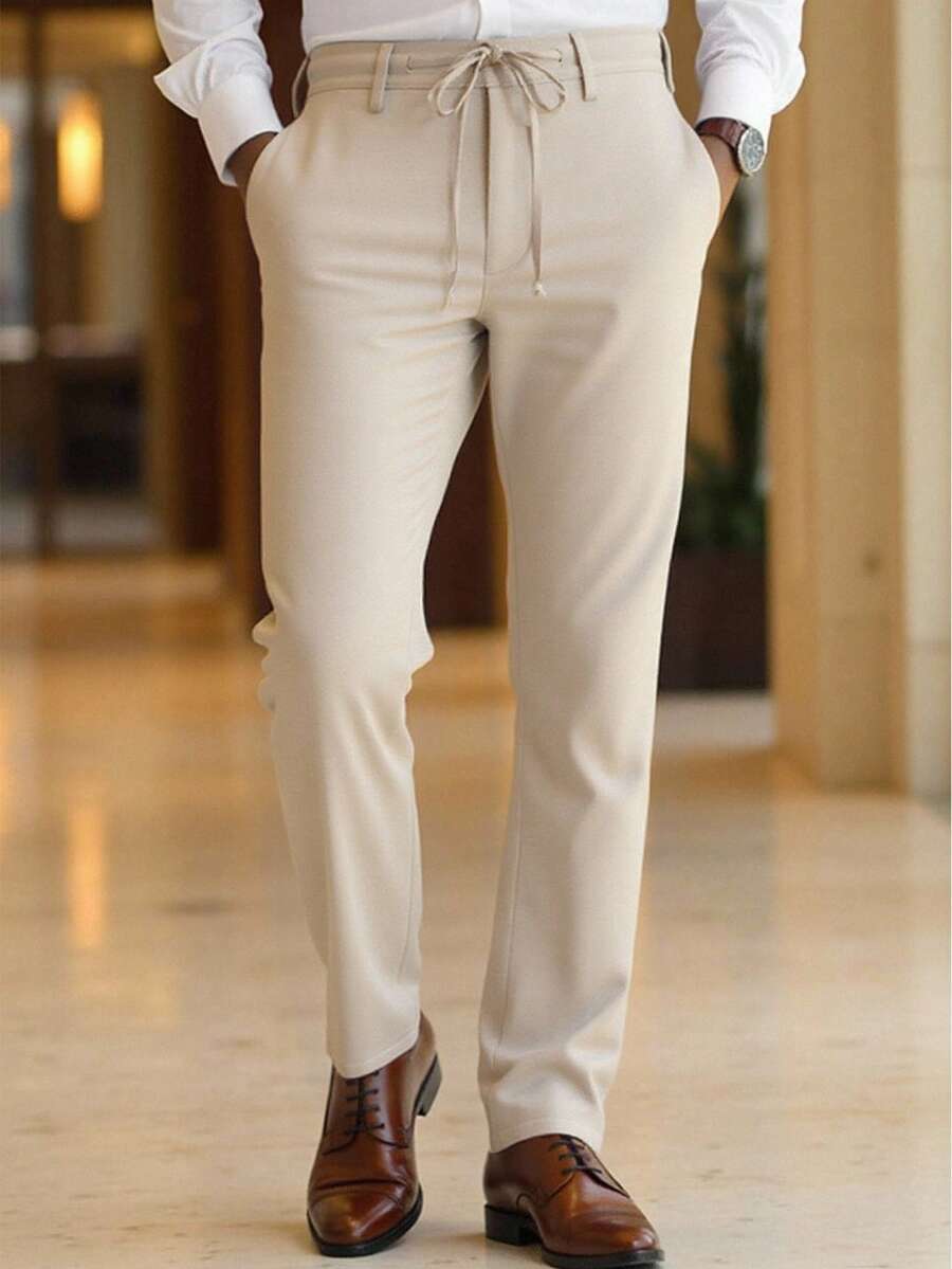 Manfinity Bizformal 男士休闲商务纯色通勤斜口袋西装裤，老款风格 - 卡其色 - 查看 1