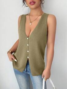 Rafferiza Women's Solid Color V-Neck Single-Breasted Casual Loose Knitted Vest - Green - View 3