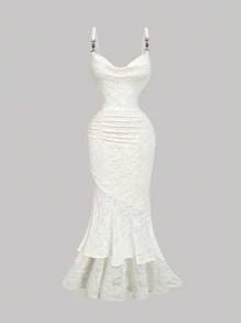 SHEIN MOD Glamorous Retro Flounced Lace Floral Mermaid Dress With Gathered Details And Metal Accents - Perfect For Dates, Parties, And Holidays, Suitable For Western Style, Ball Gowns, And Tea Party Attire,Halloween Clothes,Halloween Clothes,Wedding Guest Dress Women,Concert Outfits For Women,Fairycore