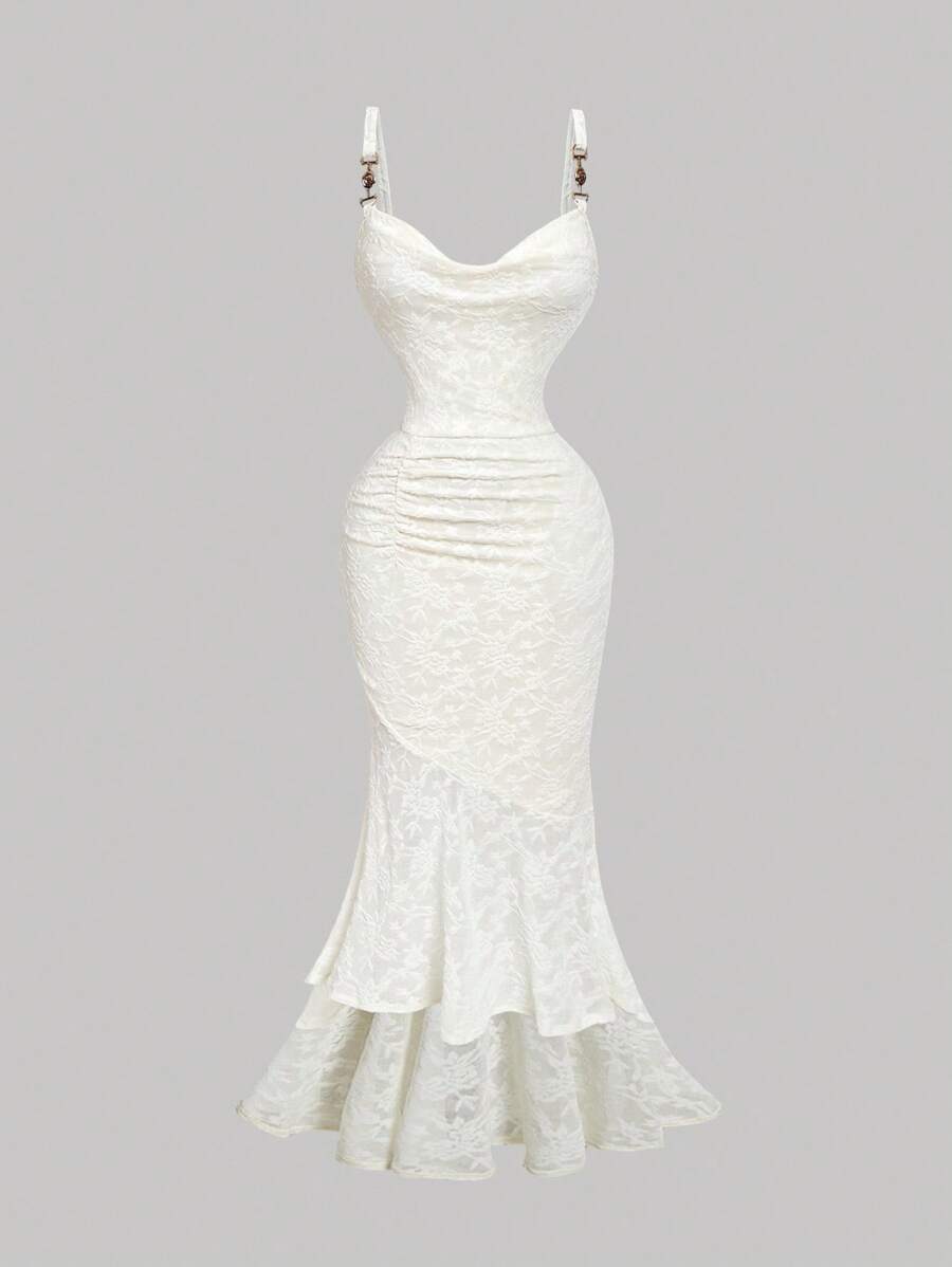 SHEIN MOD Glamorous Retro Flounced Lace Floral Mermaid Dress With Gathered Details And Metal Accents - Perfect For Dates, Parties, And Holidays, Suitable For Western Style, Ball Gowns, And Tea Party Attire,Halloween Clothes,Halloween Clothes,Wedding Guest Dress Women,Concert Outfits For Women,Fairycore