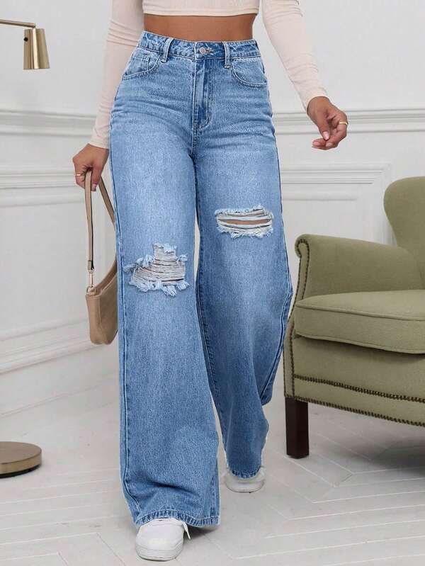 EMERY ROSE Pantalones vaqueros tipo cargo rectos y holgados con efecto lavado y desgastado, para mujer de talla grande. Atuendo de vaquero en azul claro