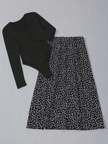 EMERY ROSE 2pcs Set: Casual Solid Color Bodysuit & Ditsy Floral Split Skirt, Autumn Fall Cloth For Women - Black - View 2