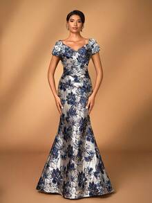 Serin 优雅奢华缎面提花美人鱼裙，适合婚礼、派对、度假、舞会、晚礼服、新娘母亲礼服 - 彩色 - 查看 7