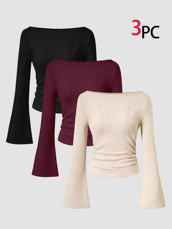 3pcs/Set Women's Basic Solid Color Flare Sleeve Fitted T-Shirts Chic Outfits For Autumn/Winter