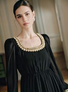 Anewsta Damen elegantes Kleid mit Strass-Verzierung, fließender Schnitt, Herbst