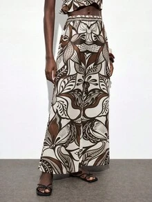 Maija Women's Floral Print Elastic Waist Slant Pocket Pants, Urban Commute Business Casual, Basic Wide Leg Trousers, Beach Pants, Bohemian Style Island Resort Vacation Beach Flower - Brown - View 2