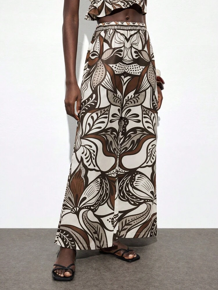 SHEIN Maija Women's Floral Print Elastic Waist Slant Pocket Pants, Urban Commute Business Casual, Basic Wide Leg Trousers, Women's Beach Pants, Bohemian Style Island Resort Vacation  Beach Outfits For Women Flower