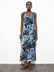 Maija 女式 U 领系带腰优雅花卉印花缎面长裙，休闲度假连衣裙，适合通勤、商务、办公室、教师、万圣节、圣诞派对、海滩度假 - 紫色 - 查看 5