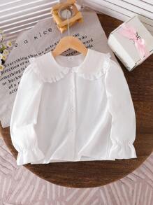 SHEIN Elladie kids 1 件女童纯白色蕾丝边休闲衬衫，精致荷叶边大彼得潘领，秋季可爱日常百搭衬衫 - 白色 - 查看 5