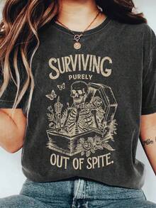 EMERY ROSE Áo thun cổ tròn tay ngắn họa tiết đầu lâu in chữ Slogan thời trang tối giản cỡ lớn - Màu xám đen - Xem 1