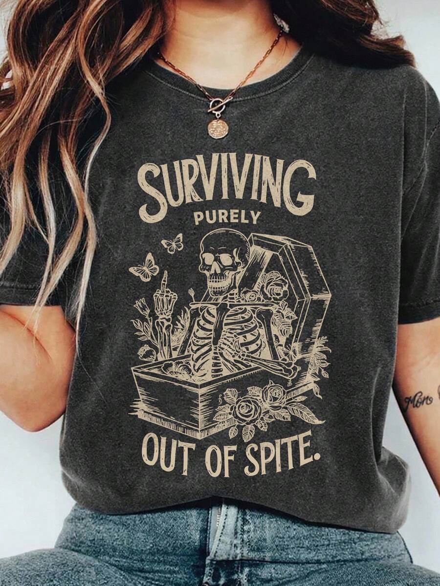 EMERY ROSE Áo thun cổ tròn tay ngắn họa tiết đầu lâu in chữ Slogan thời trang tối giản cỡ lớn - Màu xám đen - Xem 1