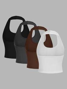 SHEIN EZwear 4入組簡單休閒短款露背貼身女士上衣，適合夏季 - 彩色 - 查看 2