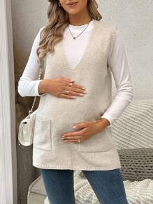 SHEIN 孕妇V领双口袋休闲针织背心，秋冬