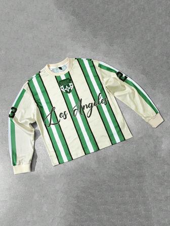 Street Life Maglietta a maniche lunghe da uomo con stampa a righe in stile inglese, streetwear, casual, sportiva