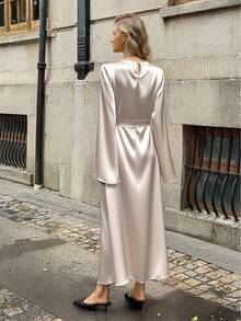 Elyressa 女士优雅通勤纯色喇叭袖连衣裙 - 米色 - 查看 2