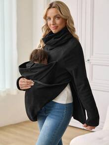 SHEIN Maternity Solid Color Cowl Neck Raglan Sleeve Long Sleeve Casual Sweatshirt, Autumn - Black - View 5