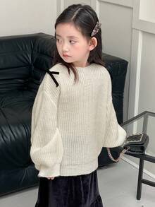 DAZY Young Girls Open Shoulder Bow Knit Sweater, Fresh Korean Style, Long Sleeve Fall,Winter - White - View 5