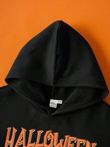 GARFIELD | SHEIN Tween Boy Cute Cartoon & Pumpkin Pattern Loose Fit Black Knit Hooded Sweatshirt For Halloween - Black - View 8