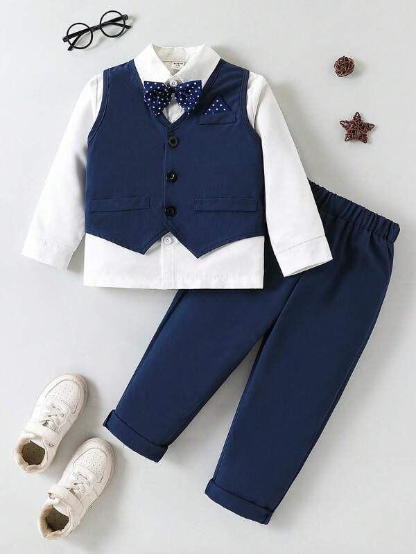 Souflis Souflis Conjunto formal casual elegante premium de 3 piezas para niño pequeño. Chaleco de ajuste delgado de unicolor + pantalones de traje casual + pajarita desmontable a lunares de 3 piezas, con decoración de pañuelo de contraste en el pecho y la pajarita, adecuado para fiesta de noche, anfitrión, actuación, reunión, pasarela, bautizo, cumpleaños, boda, temporada de graduación, primavera/verano