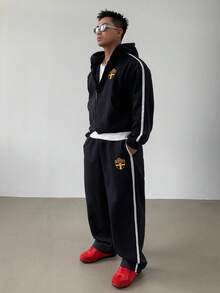 DAZY Men's Autumn Zip-Up Hoodie Set With Side Stripe, Letter Print Design, Streetwear Style - Navy Blue - View 5