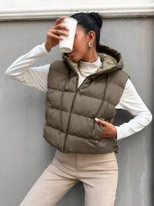 RueChic 女式連帽無袖棉褸背心,帶束口設計 - 灰色 - 查看 4