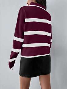 SHEIN PETITE Women's Casual Loose Striped Zip-Up Lapel Drop Shoulder Sweater, Autumn,Jumper,Cream Jumper,Jumpers,Christmas Jumper,White Jumper,Black Jumper,Ladies Jumper,Women's Jumpers - Burgundy - View 4