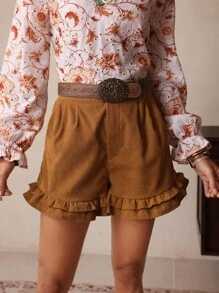 LanaWest 女式灯芯绒荷叶边口袋短裤 - 咖啡棕 - 查看 6