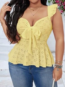 Elenzga Plus Size Women's Vacation Floral Embroidery Tie Front Cap Sleeve Top - Yellow - View 4