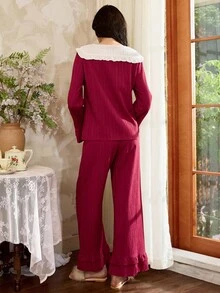 Côtesoire Bộ đồ ngủ ren xếp nếp màu tương phản lãng mạn thanh lịch dành cho nữ, trang phục thu đông - Màu Đỏ Sâu - Xem 2