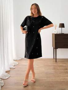 EURMUSE Vestido corto sudadera con detalles de bordado de strass para mujer - Negro - Ver 4