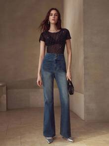 MOTF PREMIUM WOMEN'S VINTAGE HIGH WAIST WASHED FLARE LEG JEANS, AUTUMN - Blue - View 3