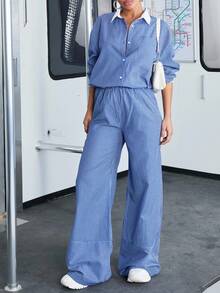 EURMUSE Set di 2 pezzi in lino per donna taglie forti con camicia a righe e pantaloni a gamba larga – outfit chic e senza sforzo - Multicolore - Visualizzare 4