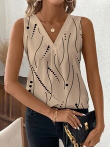 SHEIN Clasi 女士 V 领休闲条纹和圆点背心，春夏 - 棕色 - 查看 4