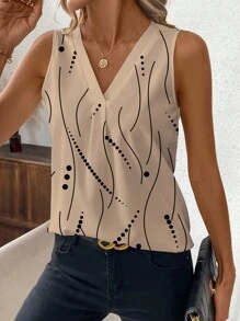 SHEIN Clasi 女士 V 领休闲条纹和圆点背心，春夏 - 棕色 - 查看 6