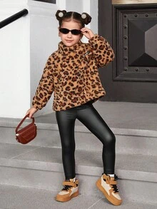 SHEIN Young Girl Thick Thermal Lined PU Leather Skinny Leggings, Casual & Comfortable, Versatile Fall Winter - Black - View 5