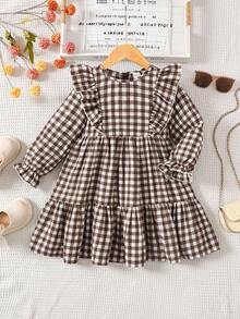 Emery Rose Kids Emery Rose Kids 年轻女孩年轻女孩双胞胎女孩格子宽松可爱休闲格子图案荷叶边饰荷叶边袖灯芯绒法式连衣裙，长袖连衣裙，秋冬格子连衣裙，夏季/秋季，非常适合休闲和日常穿着和上学日常，妈妈和女儿和姐妹搭配。 - 咖啡棕 - 查看 3