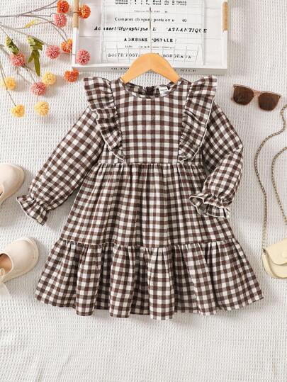 Emery Rose Kids Emery Rose Kids Young Girl Young Girl Twins Girl Plaid Loose Cute Casual Plaid Pattern Ruffle Trim Flounce Sleeve Corduroy Frenchy Dress, Long Sleeve Dress, Autumn/Winter Plaid Dress,Summer / Fall ,Great For Casual & Daily Wear & School Daily ,Mom And Daughter & Sisters Matching . Gingham Dress Es For Girls Autumn Dress Kids Gingham Dress Girls Twin Girl Dresses