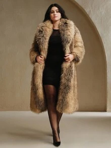 Anewsta Plus Size Contrast Color Pocket Long Sleeve Faux Fur Jacket, New Autumn/Winter Design