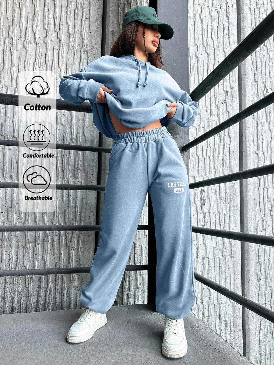 EURMUSE Cotton Women's Letter Print Hoodie And Long Pants Two Pieces Set - Blue - View 1
