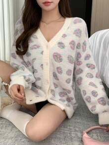 DAZY 女士宽松休闲拼色动物印花和波尔卡圆点图案针织开衫，秋冬时尚 - 白色 - 查看 5
