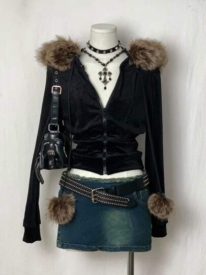 EgrlEra 女士黑色拼布仿皮草连帽运动衫