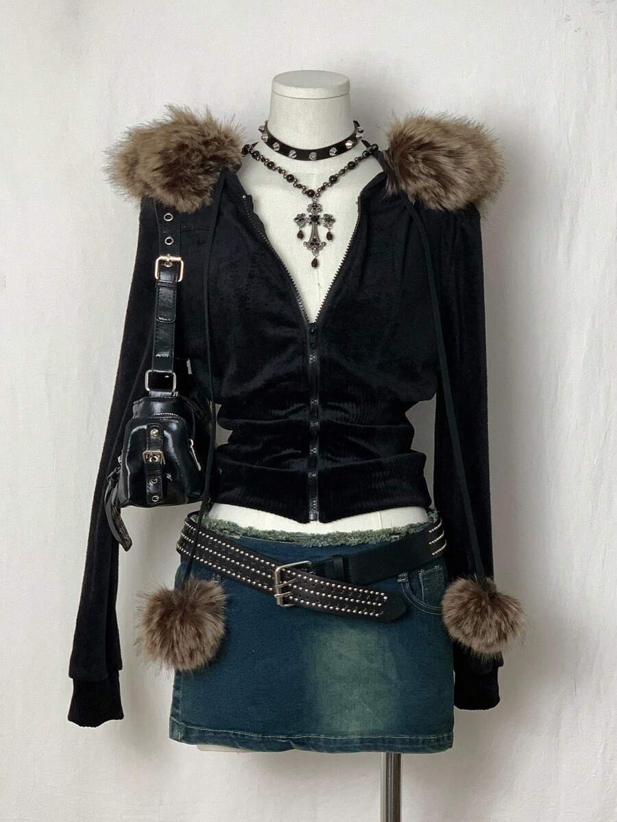SHEIN Unity 女士黑色拼布仿皮草连帽运动衫 - 黑色 - 查看 1