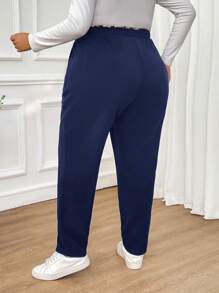 SHEIN CURVE+ Plus Size Women's Autumn And Winter Fashion Casual Comfortable Leopard Print Stitching Elastic Waist Pocket Black Pants,Women Bottom,Fall Women Clothes,Work Pants,Teacher Clothes,Curv Pants,Office Wear,Business Casual Women - Navy Blue - View 2