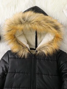 SHEIN 年轻女孩纯色休闲仿皮草连帽连体裤 - 黑色 - 查看 7