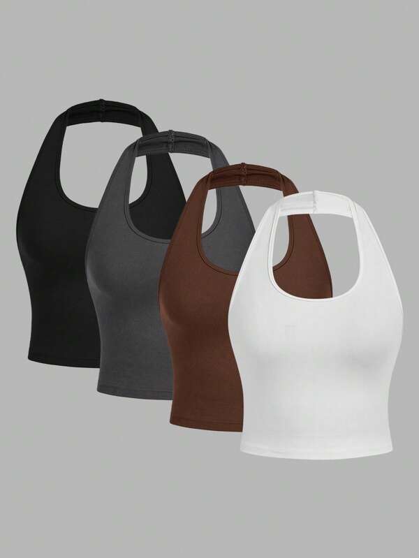 SHEIN EZwear 4 piezas de top corto halter simple y casual de ajuste ajustado para mujer, adecuado para el verano