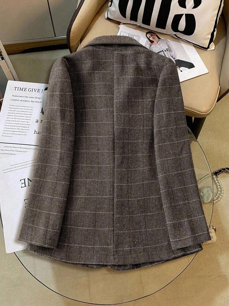 Franclia Blazer Xadrez de Manga Longa com Lapela Feminino - Marrom Claro - Visão 2