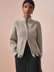 Zivah 秋冬新款时尚女宽松针织开衫外套韩版做旧超大毛衣外套 - 灰色 - 查看 9